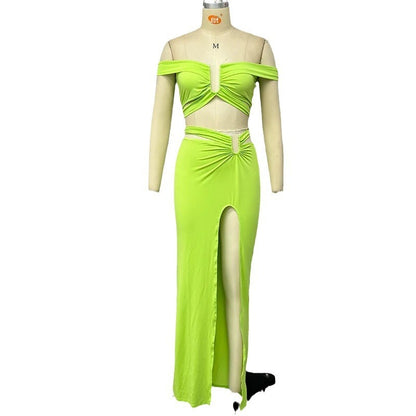 Elegant Women’s Midriff Two-Piece Set – Long Skirt Outfit for Summer & Officewear Style 2025