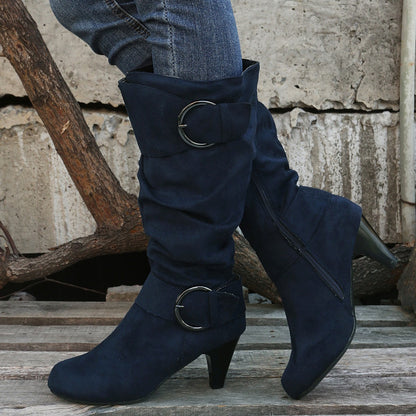 High Tube Below-the-Knee Boots for Women | British Style Suede Boots with Short Thick Heel