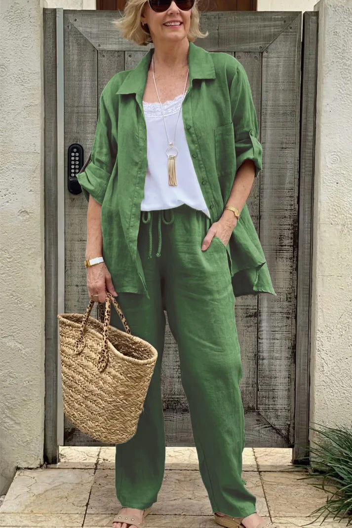 Solid Color Shirt & Trouser Two-Piece Outfit Set | Casual Style 2025 Aesthetic