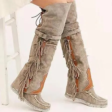 Western Style Tassel Down Faux Suede Long Boots