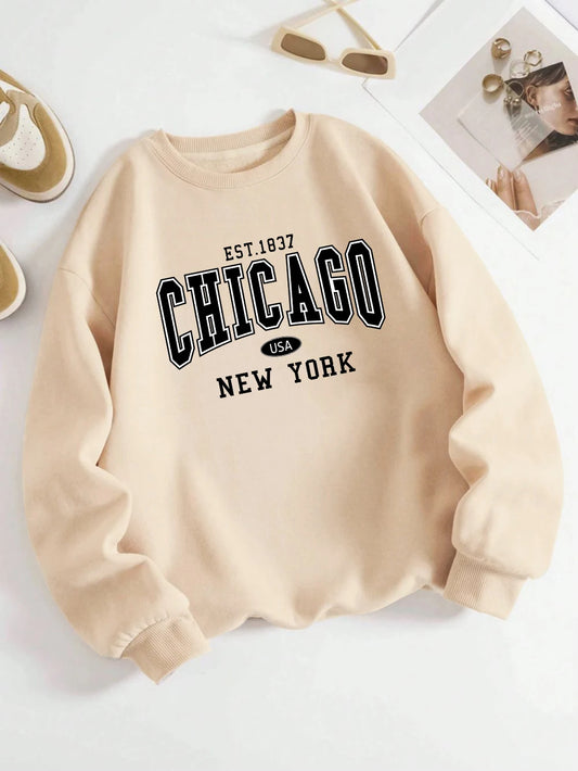 2025 Women’s Chicago New York USA Sweatshirt – White Letter Print Casual Hoodie for Winter