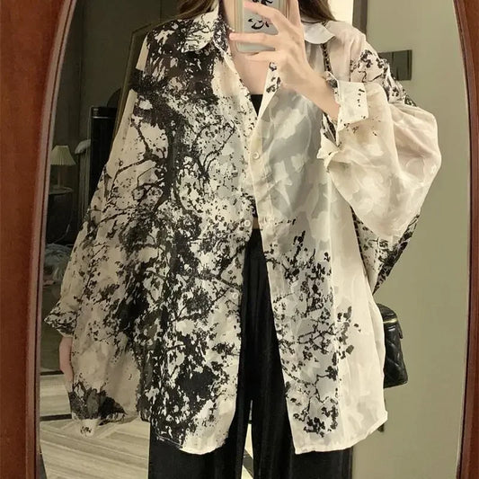 2025 Womens Loose Fit Long Sleeve Shirt Unique Niche Design Non Symmetric Black Top