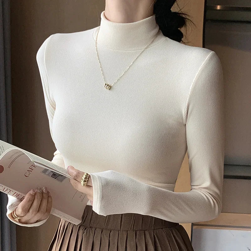 Elegant Turtleneck Knit Sweater Womens Slim Fit Long Sleeve Pullover Casual Basic Korean Fashion Chic Top