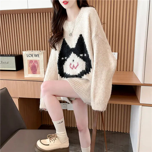 Women's High Street Oversized Cartoon Cat Print Knit Sweater
