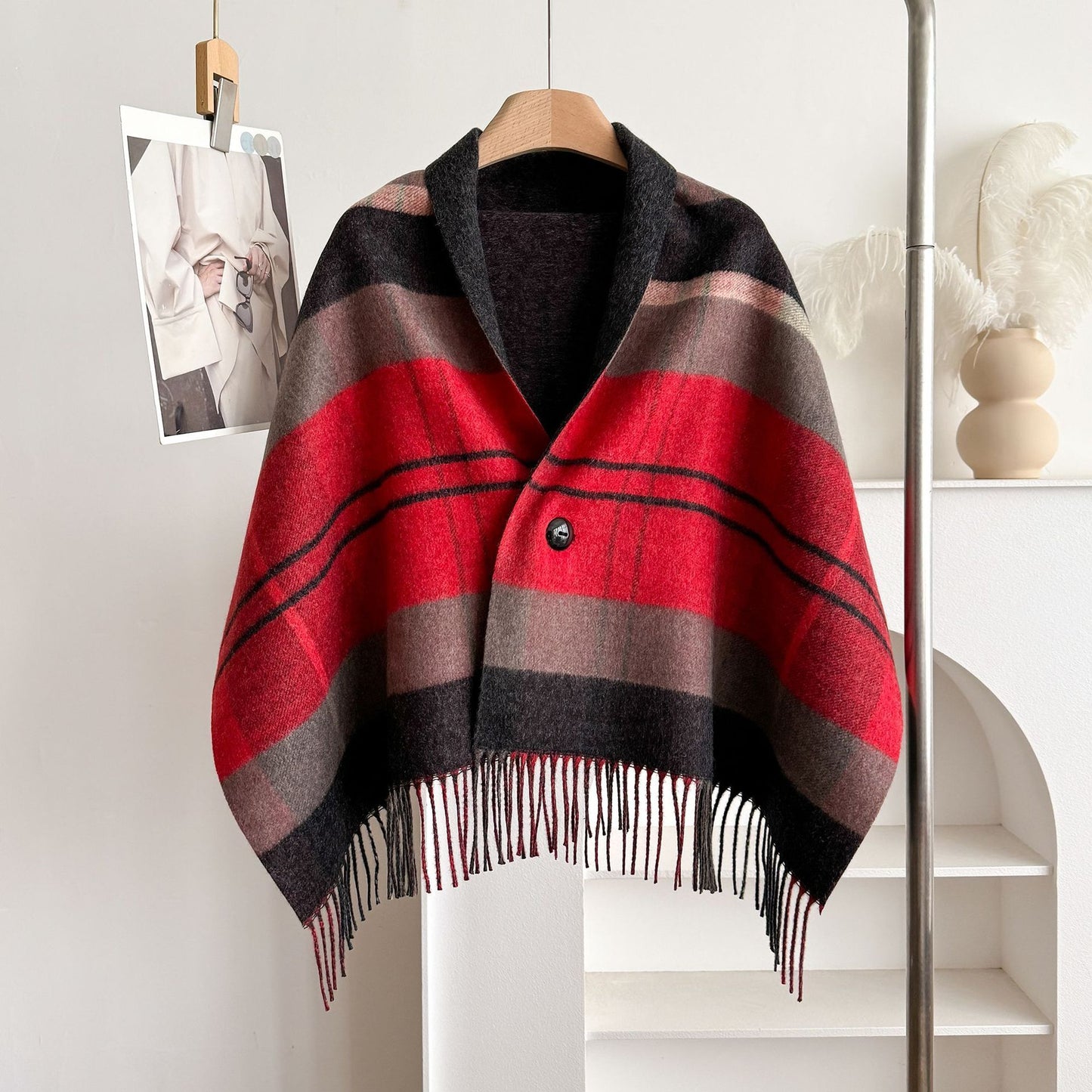 Double-Sided Wool Cloak – Tassel Shawl with Color Grid for Winter