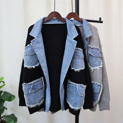 Urban Cool: Denim Stitching Knit Cardigan for Women