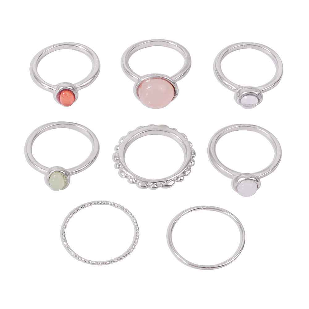 8-Piece Colorful Stone Metallic Ring Set – Geometric Stackable Rings for Women