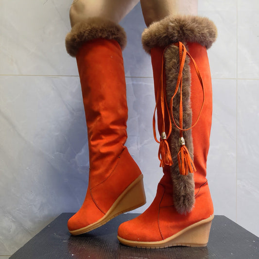 Wedge-Heeled Suede Knight Boots for Women | High Tube Winter Footwear