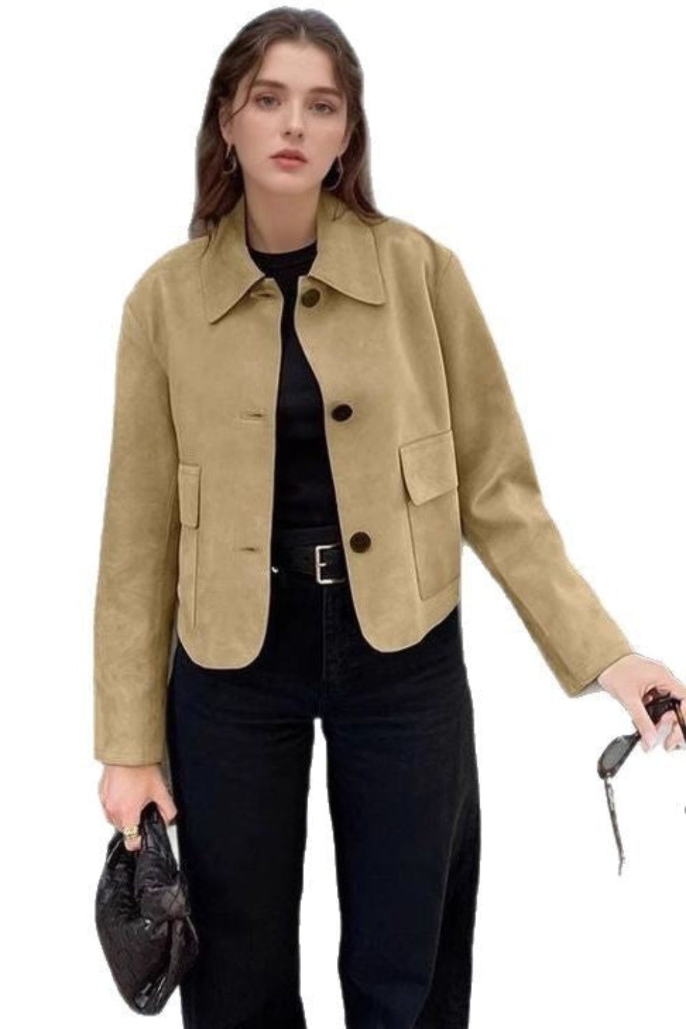 Woman wearing a beige jacket on a white background