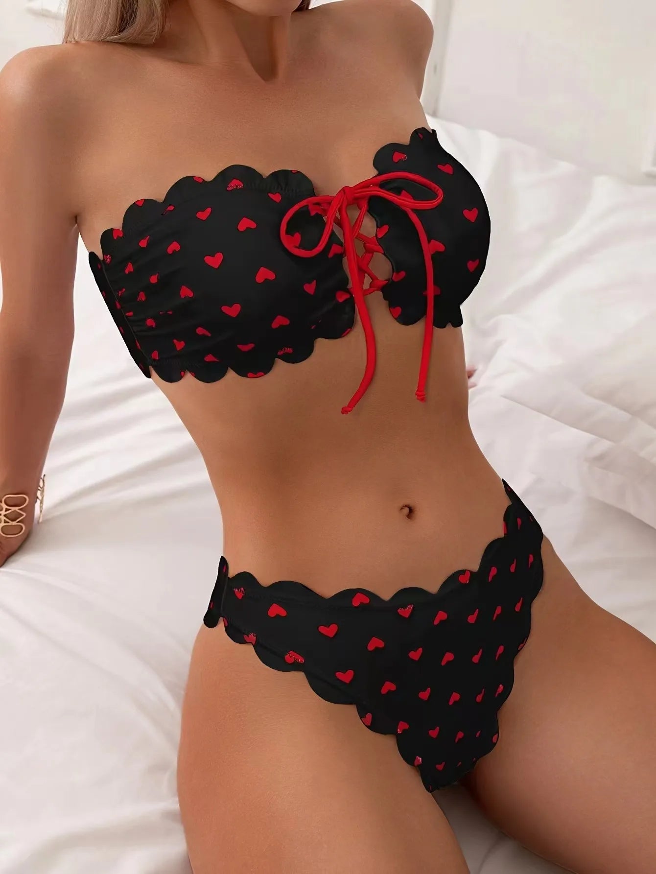 White and Red Heart Print Scallop Trim Lace-Up Bikini Aesthetic