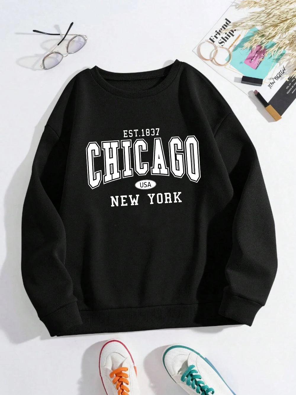 2025 Women’s Chicago New York USA Sweatshirt – White Letter Print Casual Hoodie for Winter