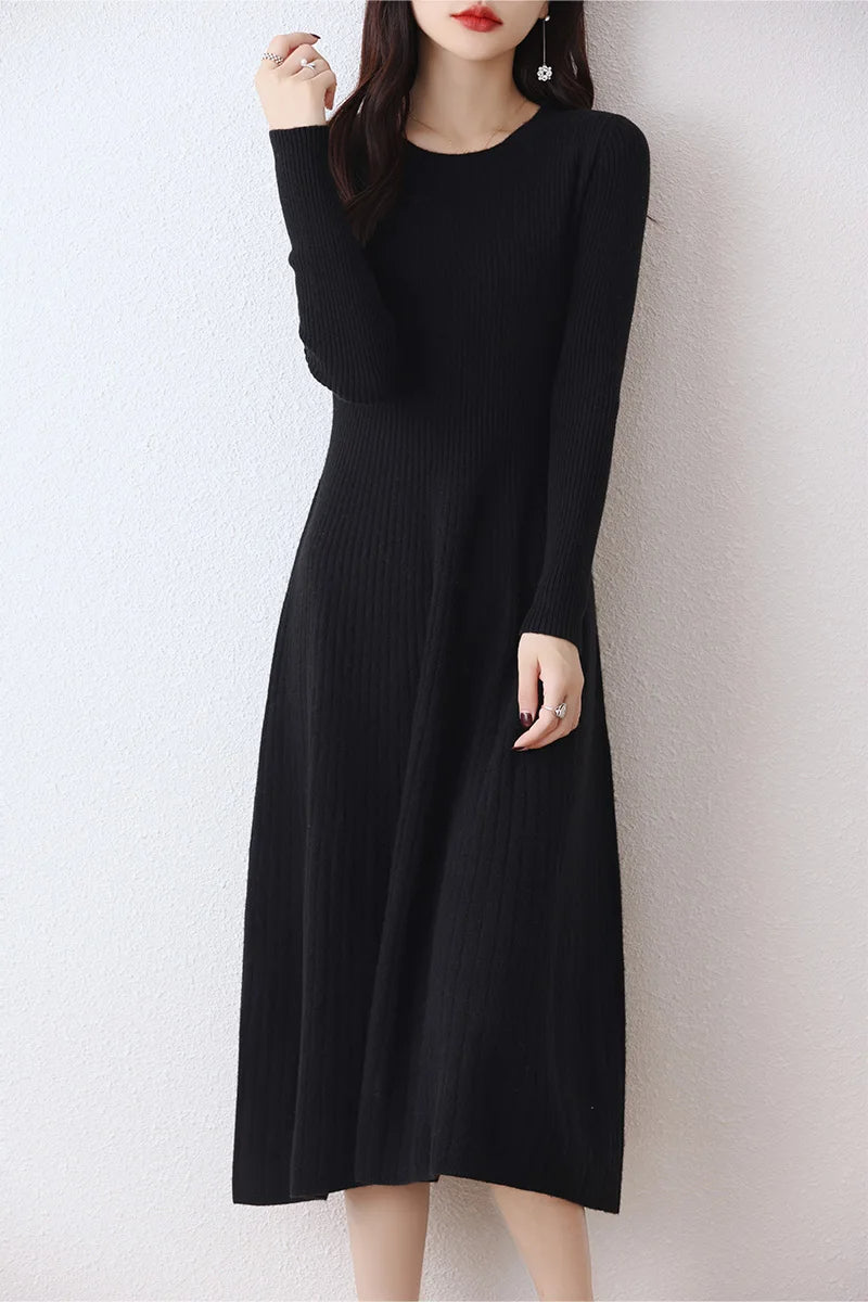 Monochromatic Round Neck Merino Wool Women Long Sweater Dress