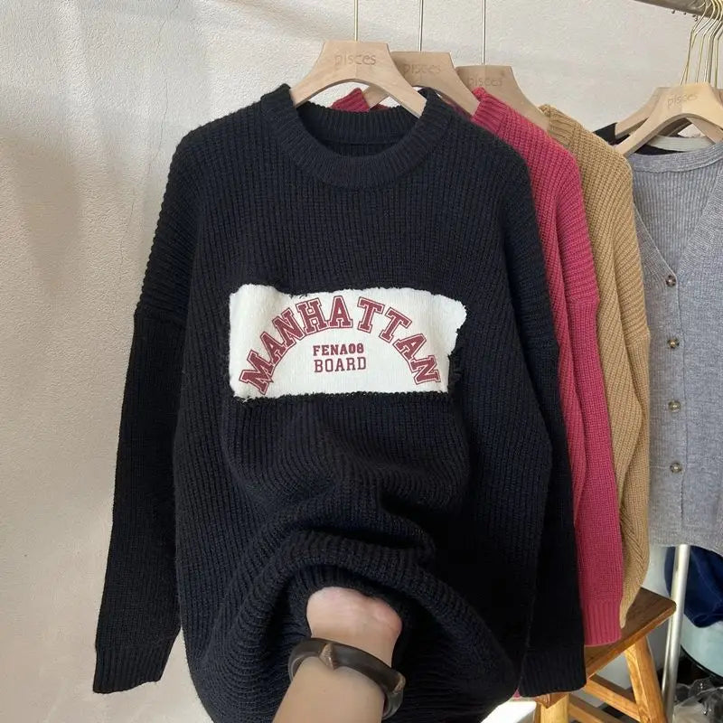 Loose Knit Spliced Sweater – Korean Style Pullover for Autumn Winter