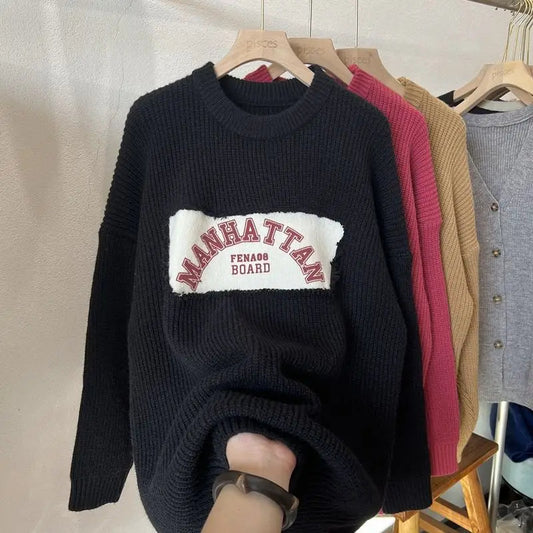 Loose Knit Spliced Sweater – Korean Style Pullover for Autumn Winter