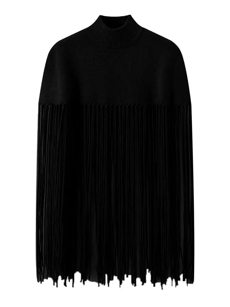 Women’s Fashion O-Neck Solid Color Knitted Pullover – Spring New Arrival Trendy Cloak Design Tassel Sweater for Women