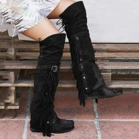 Western Style Tassel Down Faux Suede Long Boots