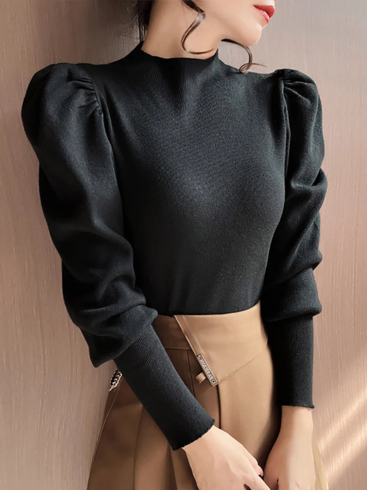 Autumn/Winter Turtleneck Sweater for Women – Slim Fit Basic Pullover, Fashion Korean Knit Top with Puff Sleeves & Stretch