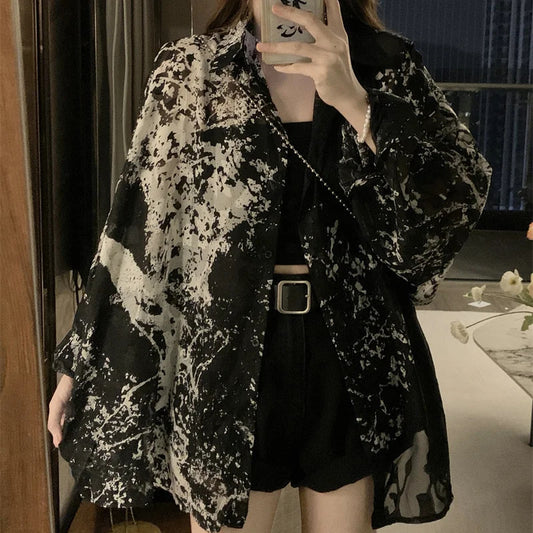 2025 Womens Loose Fit Long Sleeve Shirt Unique Niche Design Non Symmetric Black Top