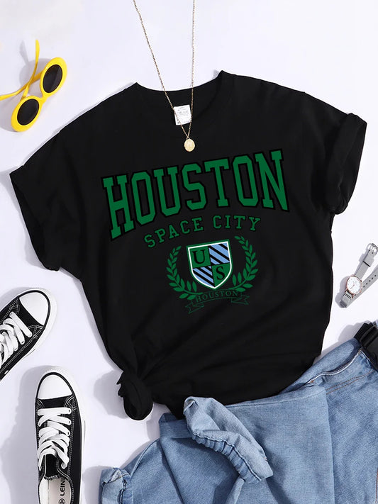 Houston Space City Cartoon Graphic Tee – Women’s Summer Casual T-Shirt, Street Style Outfit