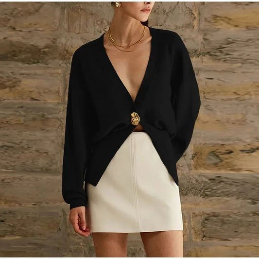 Big Classic Button Deep V Neck Cardigan