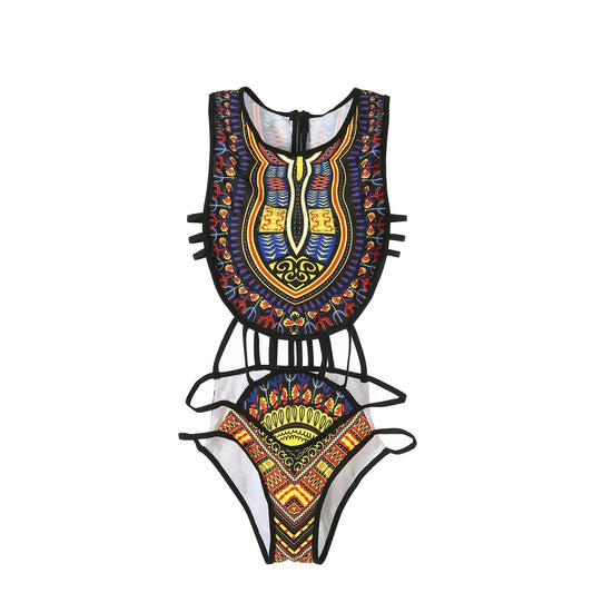 Dashiki Print Multi-Strap Monokini Aesthetic