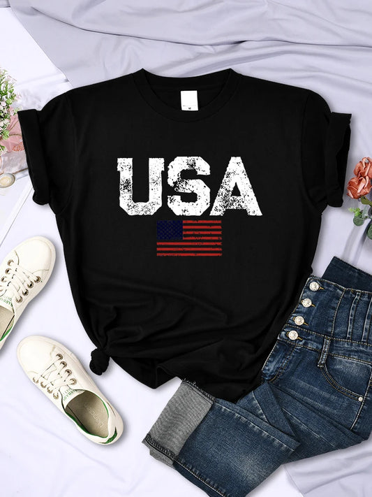 USA Letter Print Casual Tee – Women’s Cotton-Blend T-Shirt, Street Style Outfit