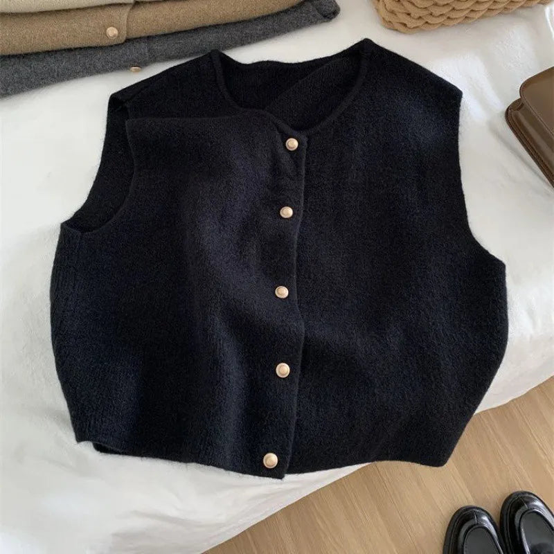 Korean-Style Sleeveless Cardigan – Slim O-Neck Knit Top