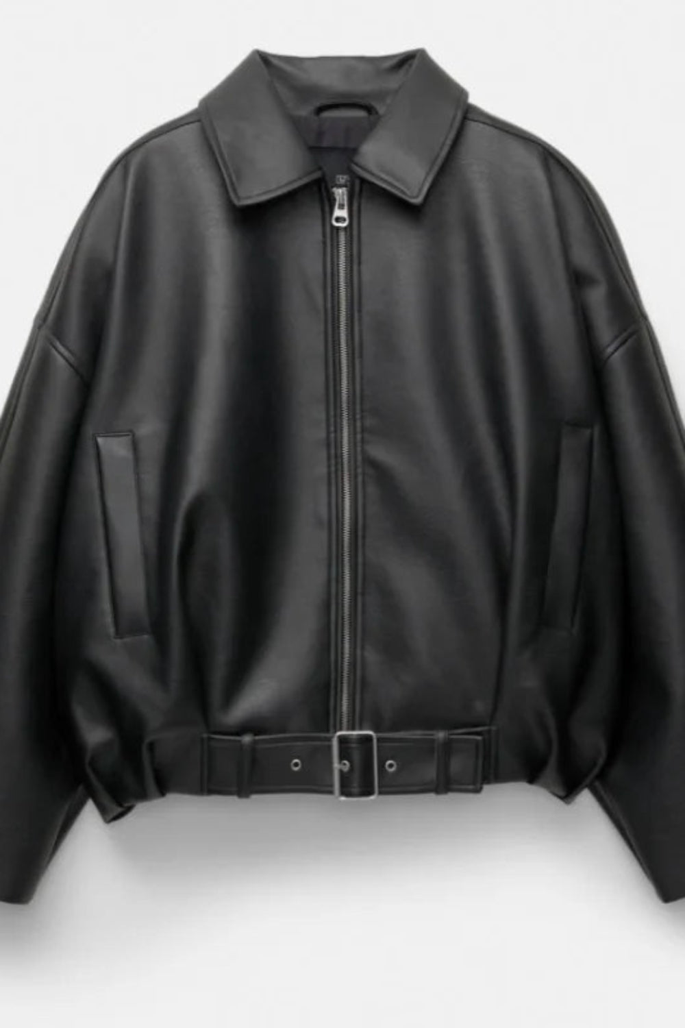 Black leather jacket with a belt on a light gray background