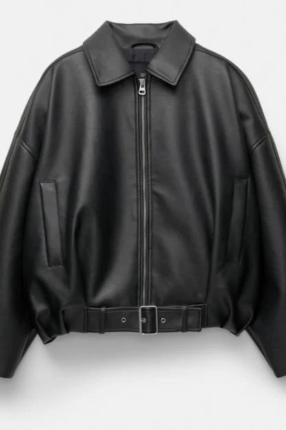Black leather jacket with a belt on a light gray background