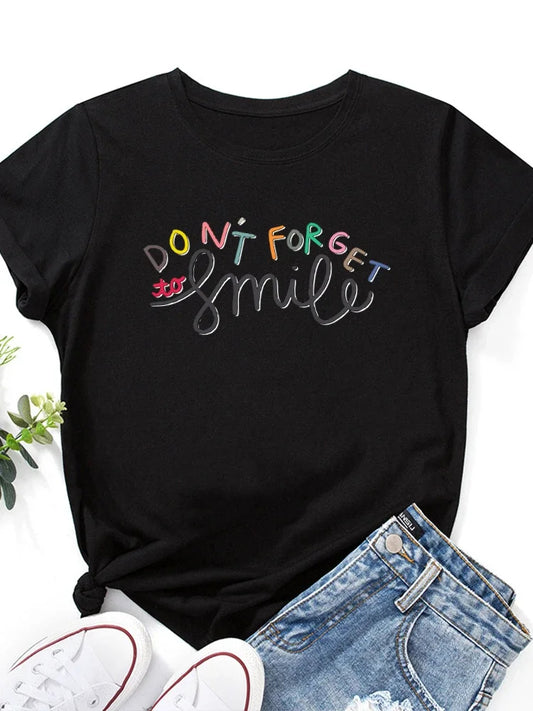 Don’t Forget Smile Graphic Tee – Women’s Casual Polyester T-Shirt, Street Style Outfit
