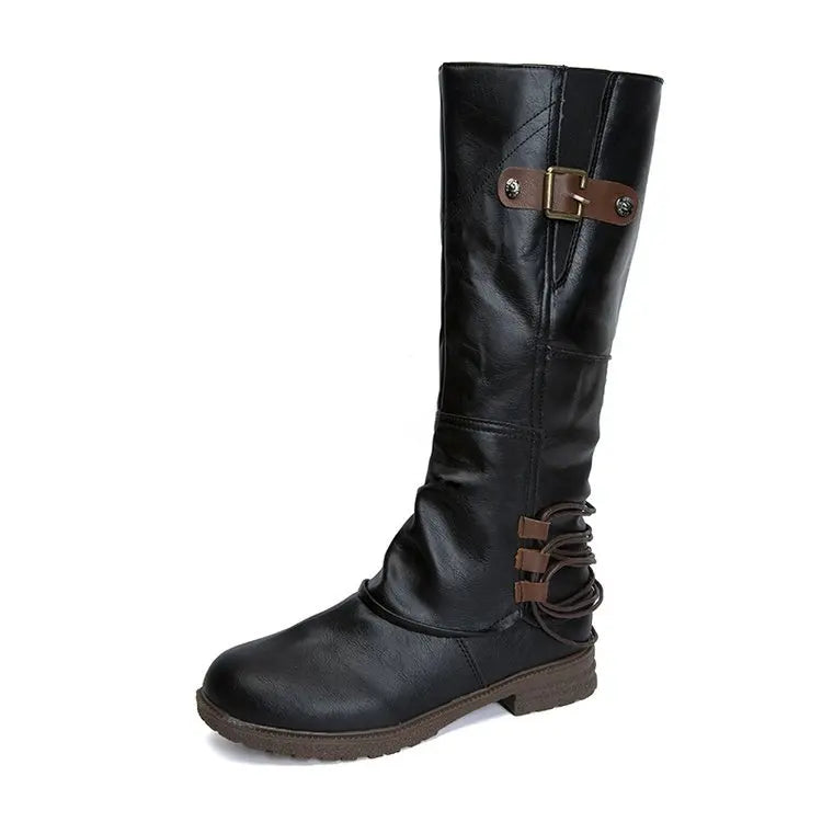Women’s Roman Style Knee-High Boots – PU Leather Patchwork with Low Square Heel