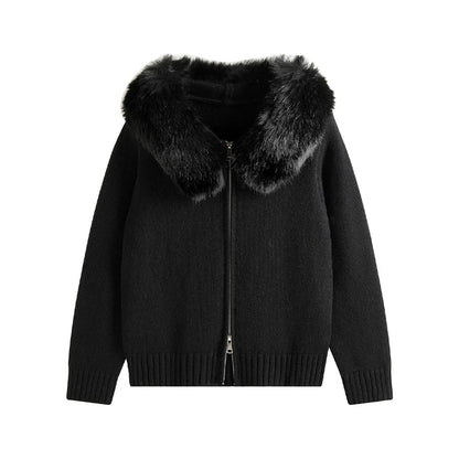 2025 Winter Sweater For Women Fox Fur Cuff Cardigan 100 Wool High Collar Pullover Soft Warm Fashion