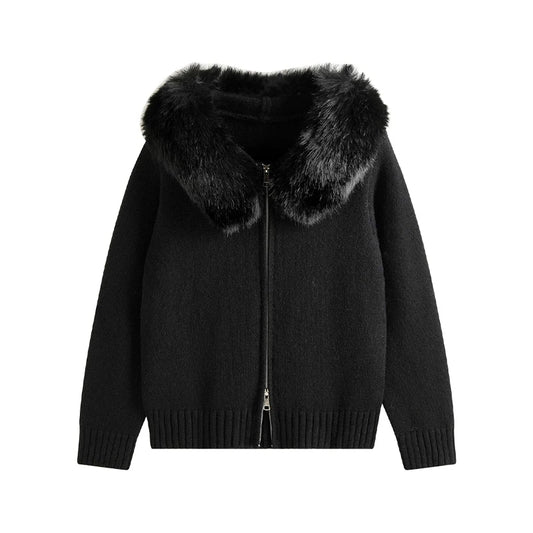 2025 Winter Sweater For Women Fox Fur Cuff Cardigan 100 Wool High Collar Pullover Soft Warm Fashion