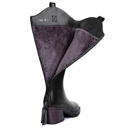 Women’s Long Leather Winter Boots – Wool Lined Mid-Calf Cowboy Style with Square Heel