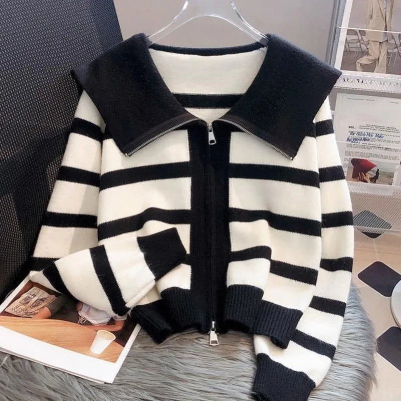 Womens Striped Design Zipper Crop Cardigan Sweaters