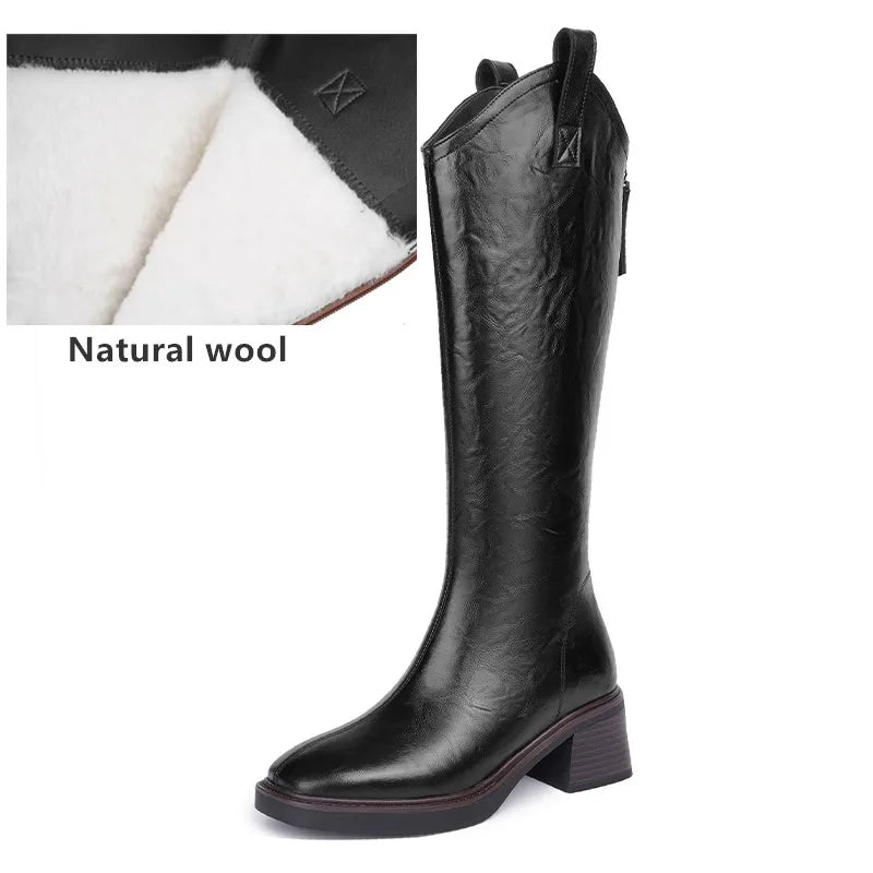 Women’s Long Leather Winter Boots – Wool Lined Mid-Calf Cowboy Style with Square Heel