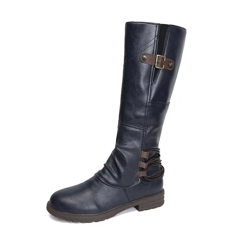 Women’s Roman Style Knee-High Boots – PU Leather Patchwork with Low Square Heel