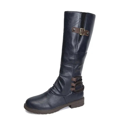 Women’s Roman Style Knee-High Boots – PU Leather Patchwork with Low Square Heel