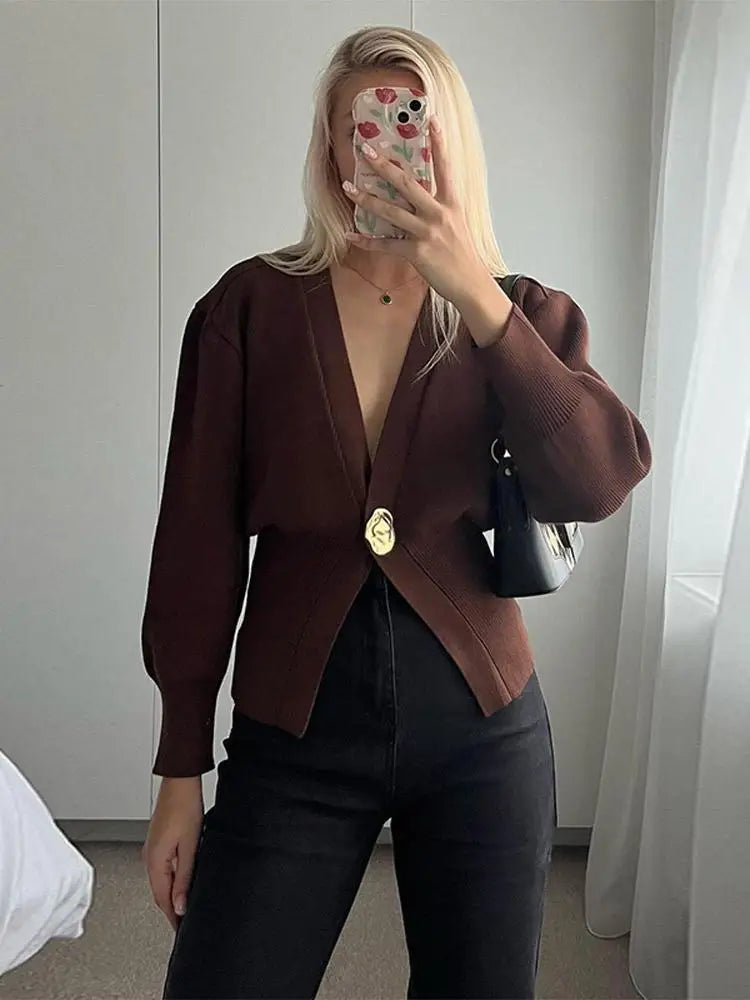Big Classic Button Deep V Neck Cardigan