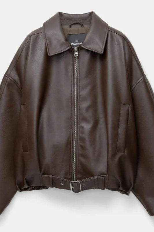 Brown leather jacket on a light gray background