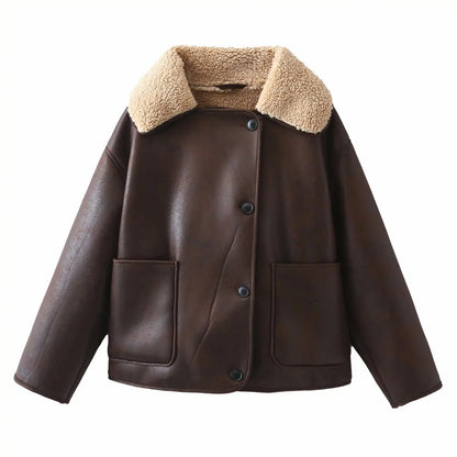 Brown leather jacket with beige sherpa lining on a white background