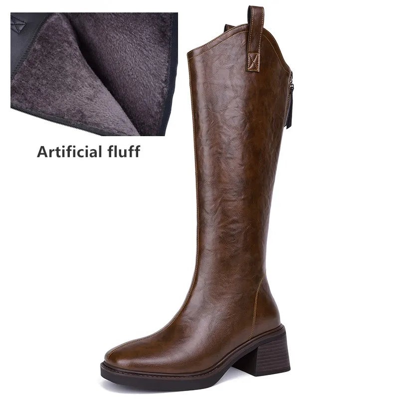 Women’s Long Leather Winter Boots – Wool Lined Mid-Calf Cowboy Style with Square Heel