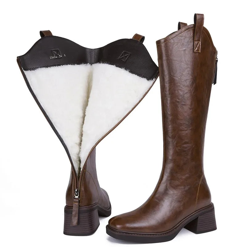 Women’s Long Leather Winter Boots – Wool Lined Mid-Calf Cowboy Style with Square Heel