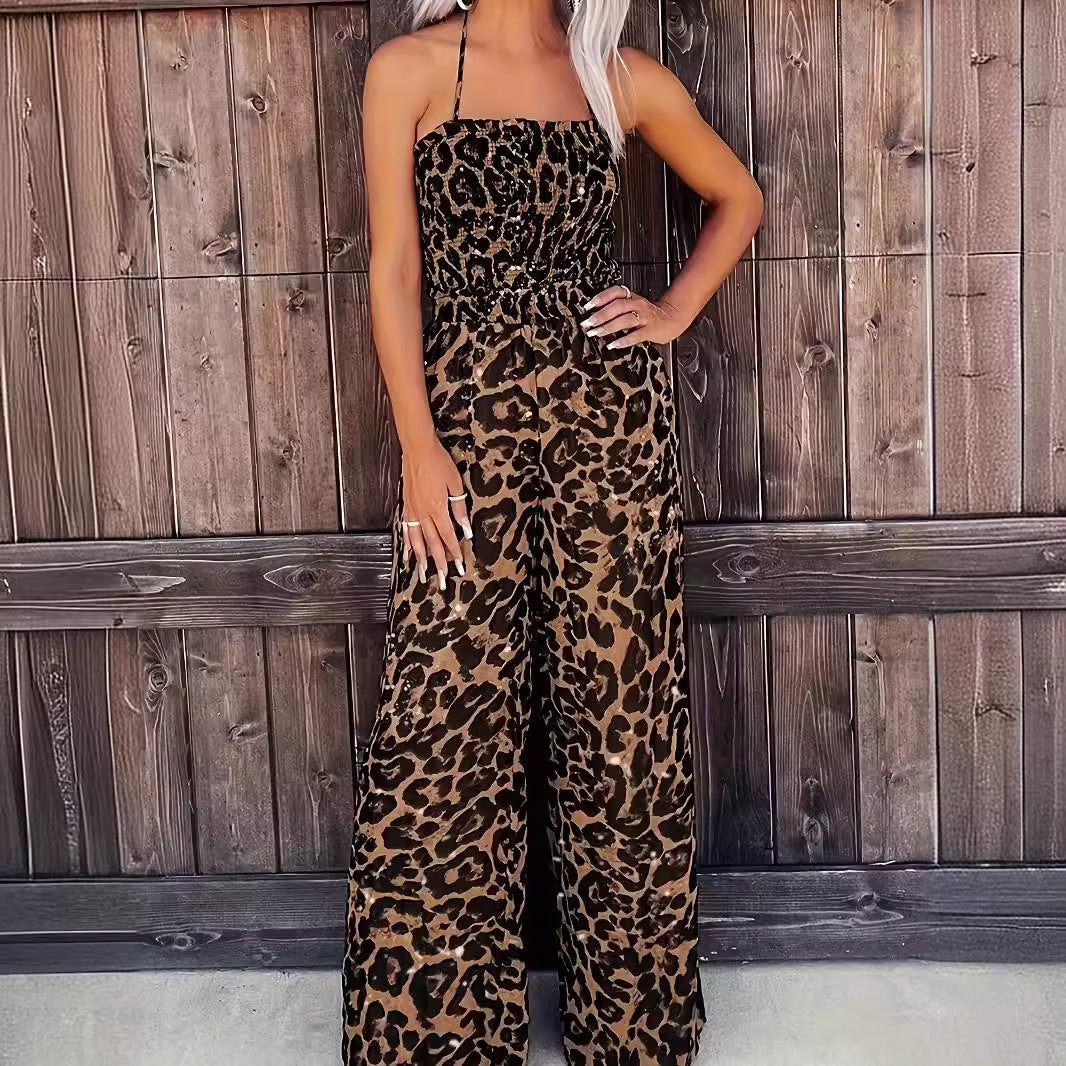 Summer Women’s Print Jumpsuit Sexy Halter Neck Long Beach Romper Party Outfit Elegant One Piece