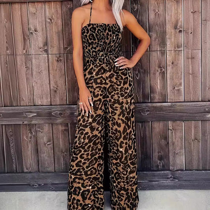 Summer Women’s Print Jumpsuit Sexy Halter Neck Long Beach Romper Party Outfit Elegant One Piece