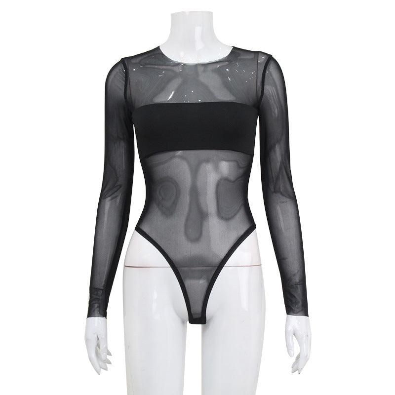 Sexy Mesh Patchwork Jumpsuit Long Sleeve Skinny Black One Piece Overalls