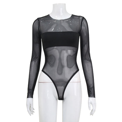 Sexy Mesh Patchwork Jumpsuit Long Sleeve Skinny Black One Piece Overalls