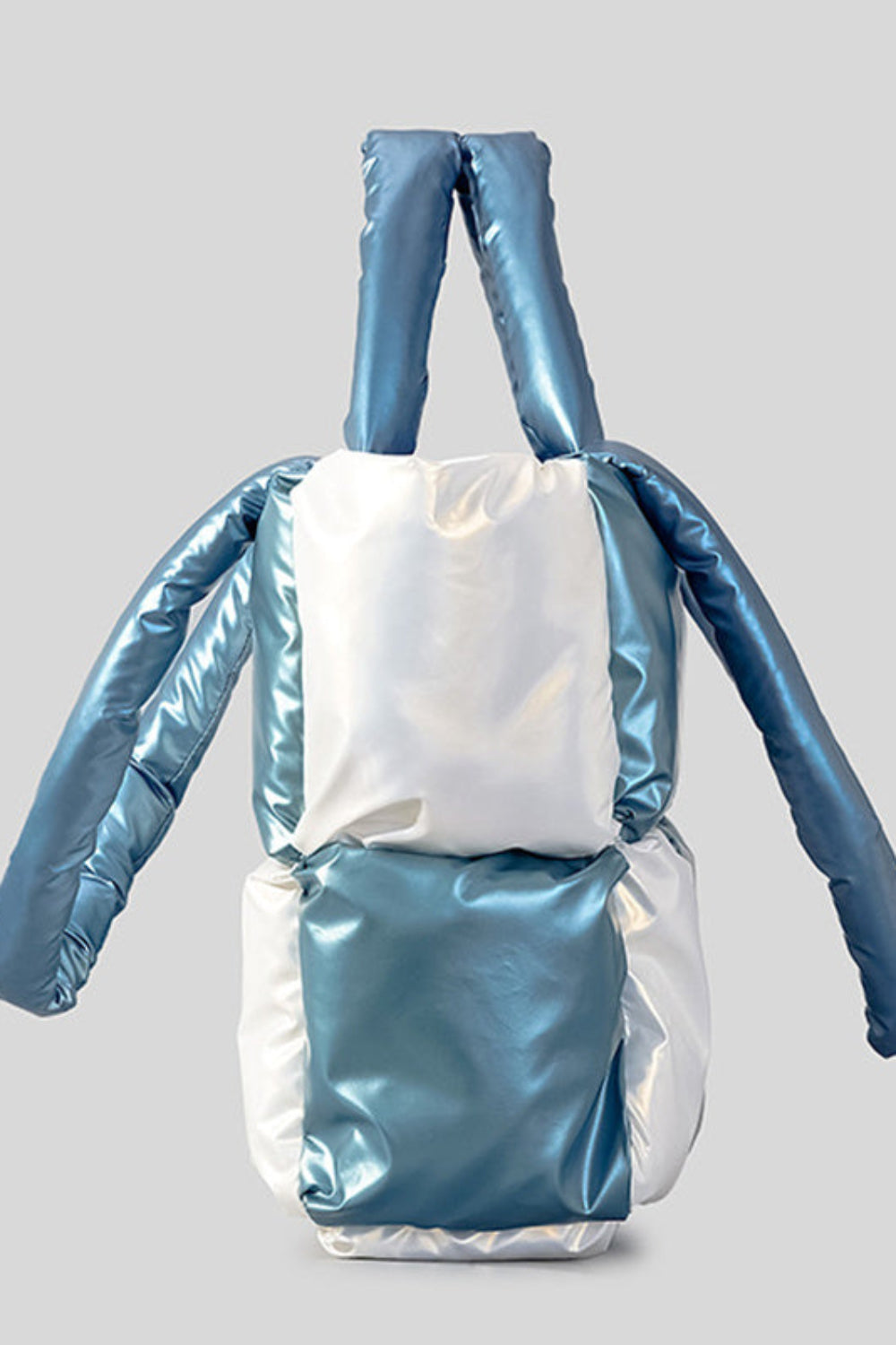 Blue and white inflatable costume on a gray background