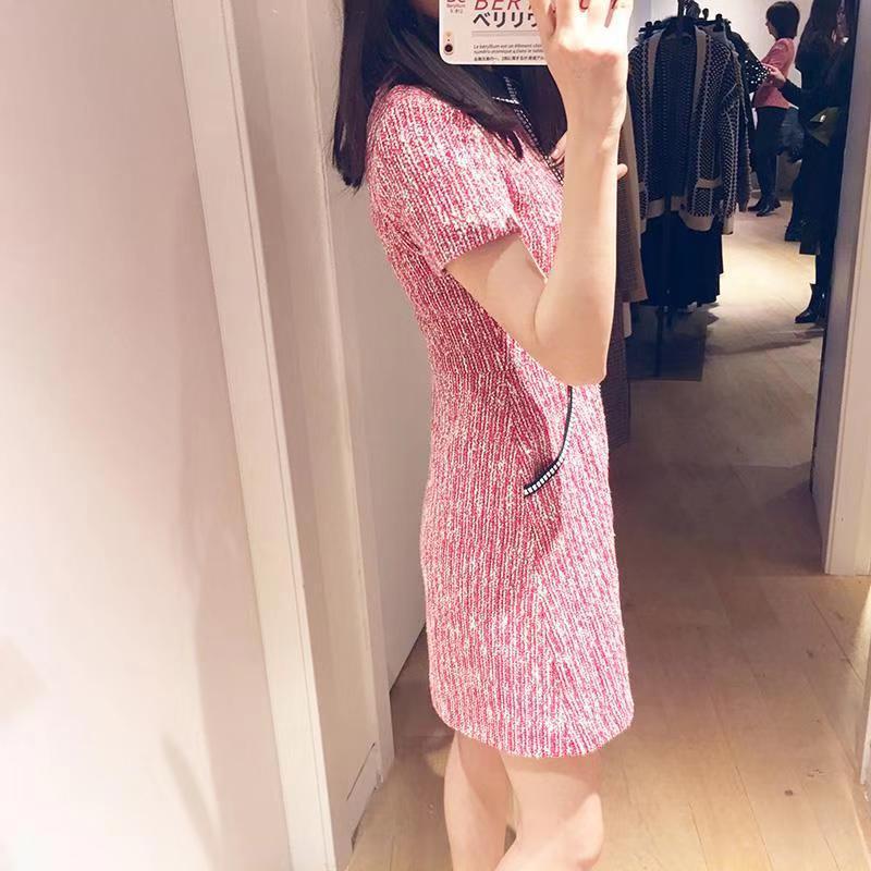 2025 Womens Pink Woolen Short Dress Casual Loose Long Sleeve Round Neck Summer Fashion