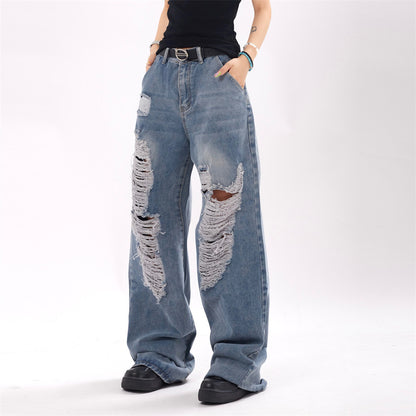 Unisex Ripped Denim Trousers – Mid-Waist Street Style Jeans